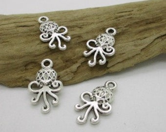 Small Octopus Charm, Silver Octopus Charm, Octopus Earring Charm, 23x10mm (6)