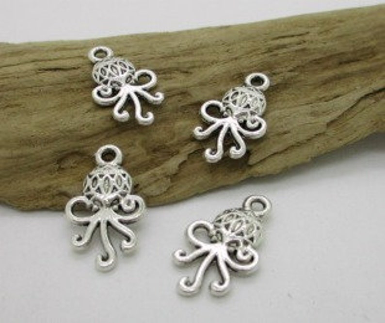 Small Octopus Charm, Silver Octopus Charm, Octopus Earring Charm, 23x10mm 6 image 1