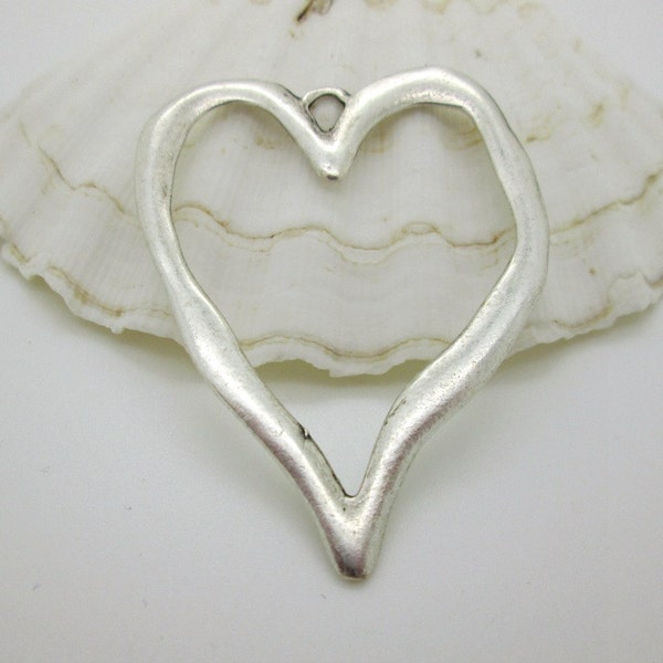 Large Rustic Silver Heart Pendant, 3 1/4 x 1 1/4 inches, (1)