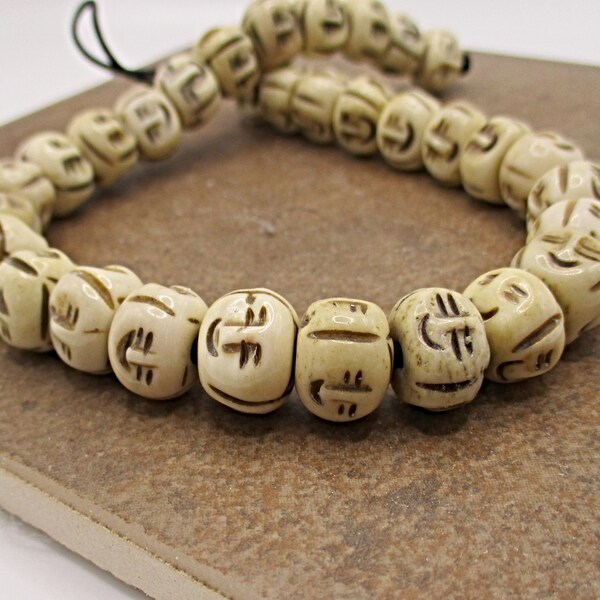 Bone Rondelle Face Beads, Hand Carved Bone Bead, Tribal Bone Bead, Bovine Bone Bead, Rustic Bone Bead, 10x8mm, ((6 per order)