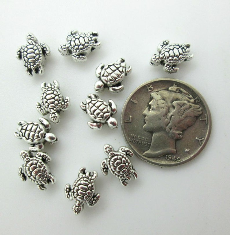 Tiny Sea Turtle Bead, Pewter Turtle Bead, Sea Turtle Charm, 9x7mm Turtle Bead 10 image 2