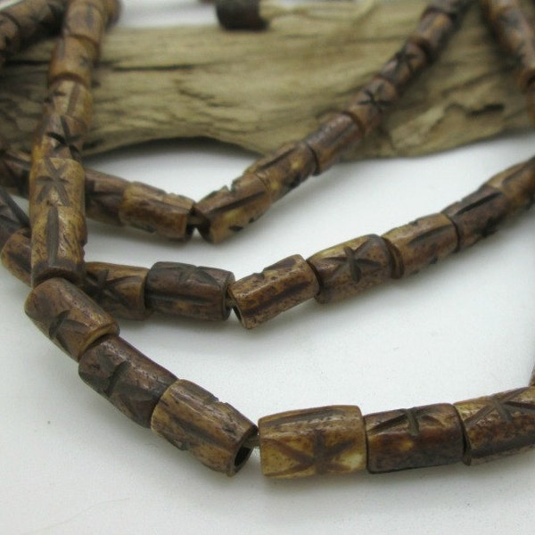 Bone Tube Bead, Dyed Bone Spacer Bead, Ethnic Tribal Bone Bead with Star, 9x6mm (21)