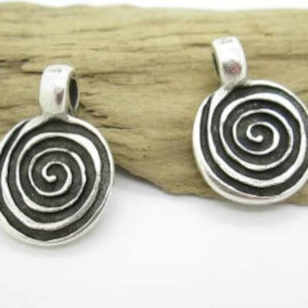 Small Mykonos Pewter Spiral Pendant, Tribal Spiral, Spiral Earring Dangles, 18mm (4)