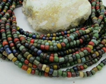 Multicolor Small Glass Seed Beads, African Trade Beads, Earth Colors Seed Beads, 3-4mm (22" loose)