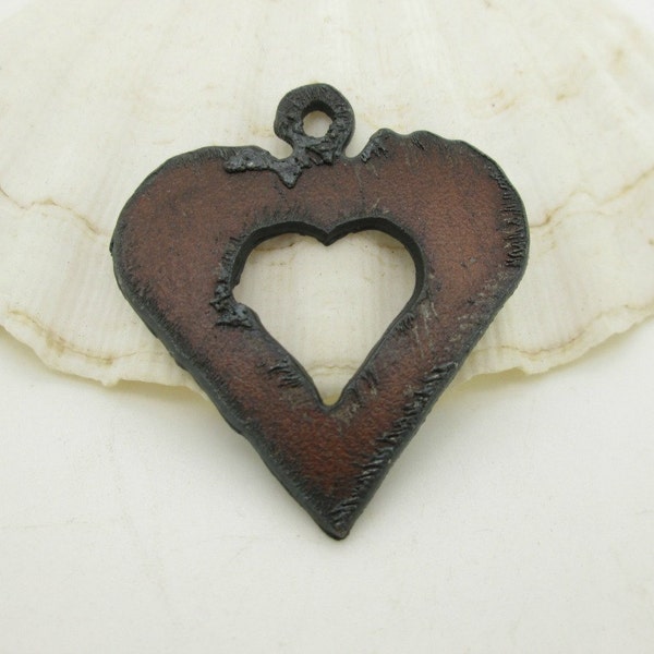 Rustic Iron Double Heart Pendant, Southwestern Pendant, Boho Heart Pendant, 42mm (1)