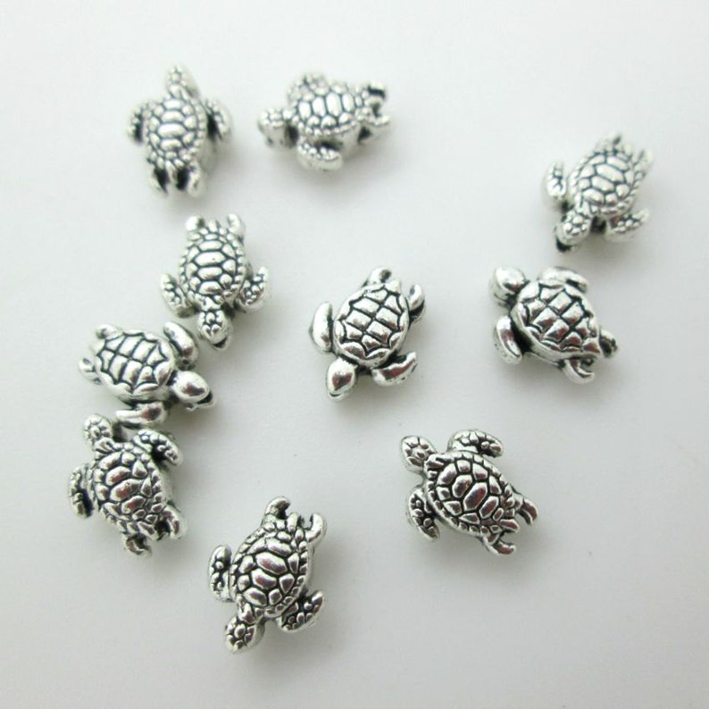 Tiny Sea Turtle Bead, Pewter Turtle Bead, Sea Turtle Charm, 9x7mm Turtle Bead 10 image 1