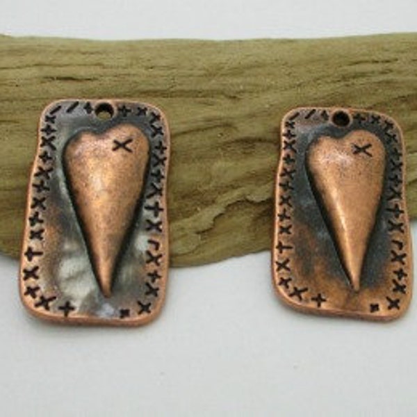 Antique Copper Heart Charm, Rectangle Heart Charm, Rustic Heart Charm, Copper Heart Pendant, 27x15mm (4)
