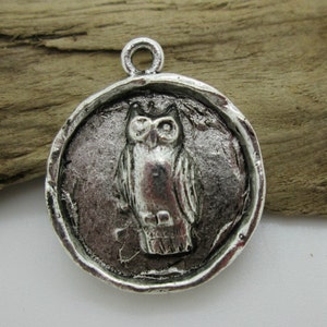 Round Silver Owl Pendant, 24mm 2 image 1