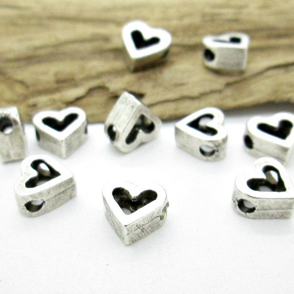 Small Heart Slider Silver Pewter Bead, Heart Spacer Bead, 8x8mm (10)