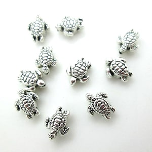 Tiny Sea Turtle Bead, Pewter Turtle Bead, Sea Turtle Charm, 9x7mm Turtle Bead (10)