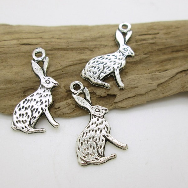 Silver Rabbit Charm, English Hare Charm, Bunny Rabbit Charm, 28x20mm (6)