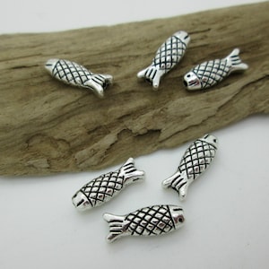 Fish Spacer Bead, Silver Fish Bead, Antiqued Silver Pewter Fish, Fish Earring Dangle, Fish Charm 15x5mm (6)
