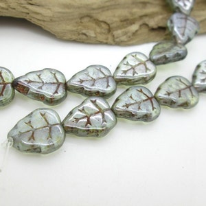 Glass Leaf Bead, Czech Glass Translucent Leaf Spacer Bead, Green Gray Leaf,  Leaf Earring Dangle, Leaf Bracelet Bead, 12x9mm (10)
