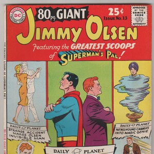 May include: A comic book cover featuring Superman and Jimmy Olsen. The cover is red, yellow, and blue with a title that reads "80 pg. Giant Jimmy Olsen featuring the Greatest Scoops of Superman's Pal!" The cover also features several smaller panels with headlines such as "Strange Accident Makes Olsen Invisible Man" and "Superman and Jimmy Olsen Split Up!"