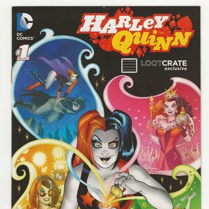 May include: Harley Quinn comic book cover featuring a colorful illustration of Harley Quinn in her signature red and black jester costume. She is holding a blue and white bottle and a gold coin. The cover also features four different versions of Harley Quinn in different settings, including a scene with Batman.