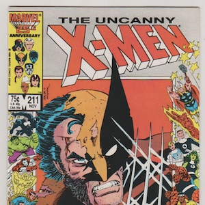 Puede incluir: Portada de cómic con Wolverine, un superhéroe con garras afiladas, en un retrato de primer plano. La portada es roja, amarilla y negra con el título "The Uncanny X-Men" y el número de edición "211".