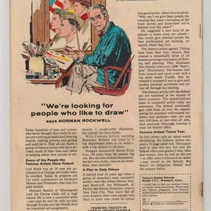 K&ouml;nnte beinhalten: Vintage Magazinseite mit einer Illustration von Norman Rockwell, einem K&uuml;nstler, beim Malen. Der Text handelt von den Famous Artists Schools und der Kunstausbildung. Die Seite weist Alters- und Gebrauchsspuren auf.