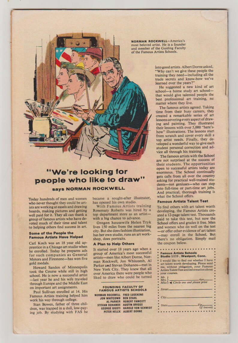 K&ouml;nnte beinhalten: Vintage Magazinseite mit einer Illustration von Norman Rockwell, einem K&uuml;nstler, beim Malen. Der Text handelt von den Famous Artists Schools und der Kunstausbildung. Die Seite weist Alters- und Gebrauchsspuren auf.