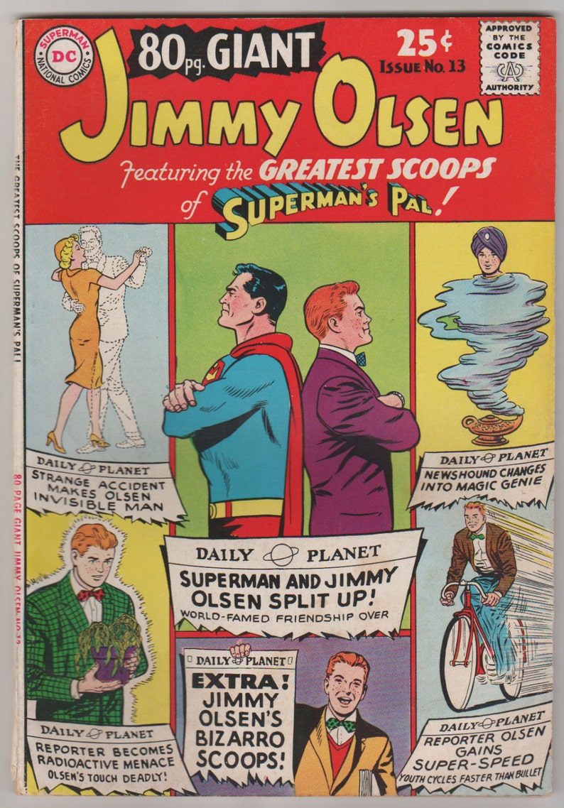 Puede incluir: Una portada de c&oacute;mic con Superman y Jimmy Olsen. La portada es roja, amarilla y azul con un t&iacute;tulo que dice "80 pg. Giant Jimmy Olsen featuring the Greatest Scoops of Superman's Pal!" La portada tambi&eacute;n presenta varios paneles m&aacute;s peque&ntilde;os con titulares como "Strange Accident Makes Olsen Invisible Man" y "Superman and Jimmy Olsen Split Up!"