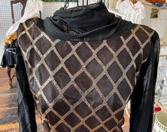 Vintage 1960s Cocktail Dress Black Gold Sheer Arms and Collar Size Extra Small