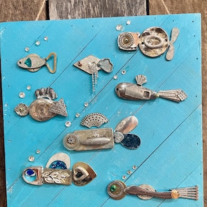 Upcycled Art School of Fish Assemblage Folk Art Lake Lodge Beach Decor 10x10