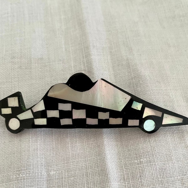 1980s Pin Brooch Race Car Mother of Pearl and Black Lucite Lightweight