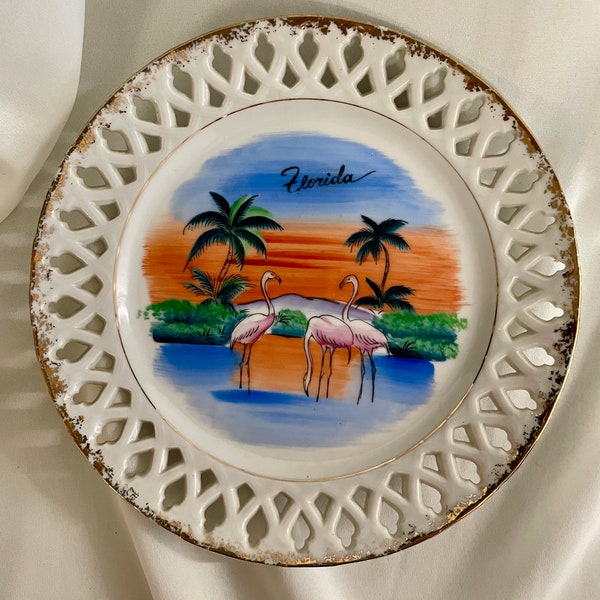 Vintage 1960s Souvenir State Plate Florida Reticulated Edge Hand Painted Flamingos Palm Trees Sunset