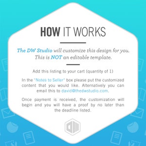 Puede incluir: Un gr&aacute;fico azul y blanco con el texto "HOW IT WORKS" en blanco. El texto a continuaci&oacute;n explica que The DW Studio personalizar&aacute; este dise&ntilde;o para ti. Esto NO es una plantilla editable. Agrega esta lista a tu carrito (cantidad de 1). En el cuadro "Notes to Seller", por favor, coloca el contenido personalizado que te gustar&iacute;a. Alternativamente, puedes enviar un correo electr&oacute;nico a david@thedwstudio.com. Una vez que se reciba el pago, la personalizaci&oacute;n comenzar&aacute; y tendr&aacute;s una prueba a m&aacute;s tardar en la fecha l&iacute;mite indicada.