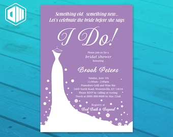 Wedding Shower Invitation | Bridal Shower Invitation | Dress Design | Lilac Purple / Royal Blue / Faux Glitter Gold | Printable File