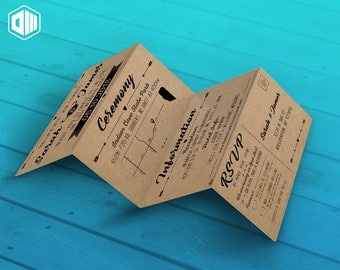 Printable Wedding Invitation 4 Panel Fold / Brown Craft Paper / Detachable RSVP / Hearts Arrows Rustic Theme