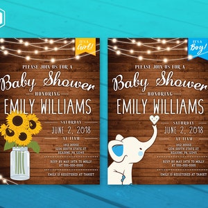 K&ouml;nnte beinhalten: Zwei rustikale Babyparty-Einladungen mit Holzmaserung und Lichterketten. Die linke Einladung ist f&uuml;r ein M&auml;dchen und zeigt Sonnenblumen in einem Einmachglas. Die rechte Einladung ist f&uuml;r einen Jungen und zeigt einen blauen und wei&szlig;en Elefanten. Beide Einladungen enthalten den Text "Baby Shower" und "Emily Williams".