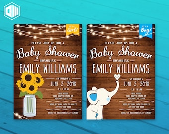 Baby Shower Invitation | Rustic | Girl, Boy, Gender Neutral | Sunflower, Elephant | Printable File