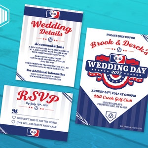 Suite di inviti di nozze stampabili/Set di inviti di nozze di baseball/Invito/Carta dettagli/Carta RSVP/Tema di baseball del giorno di apertura