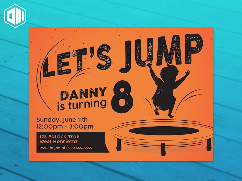 Puede incluir: Invitaci&oacute;n de cumplea&ntilde;os naranja con el texto "Let's Jump" en negro con una silueta de un ni&ntilde;o saltando en un trampol&iacute;n. Tambi&eacute;n se incluye el texto "Danny cumple 8 a&ntilde;os".
