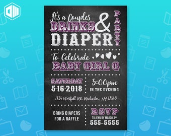 Getränke und Windel-Babyparty-Einladung | Lila und Grau | Druckbare Datei