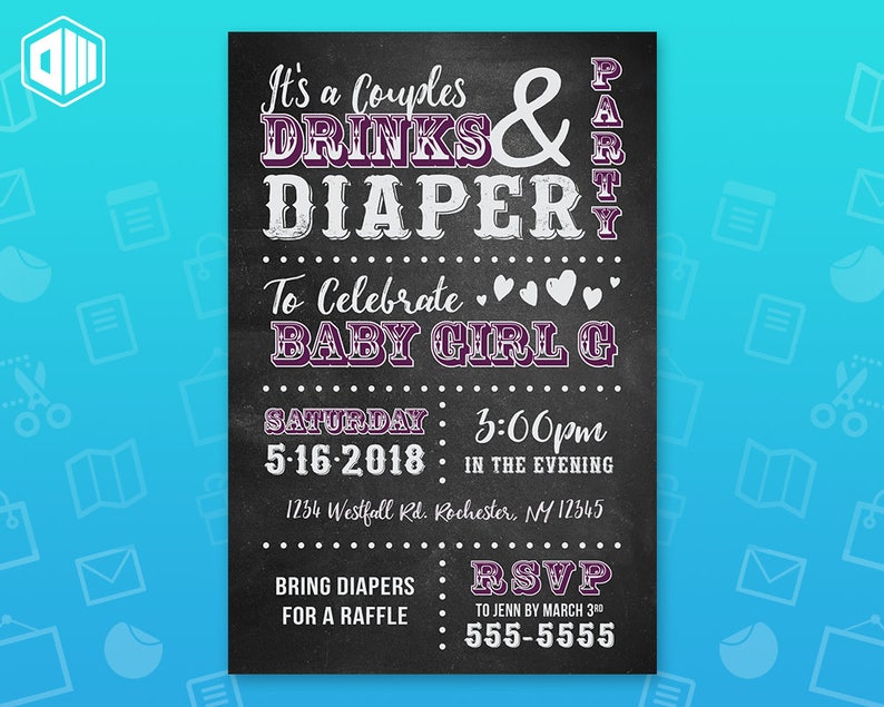 Puede incluir: Invitaci&oacute;n de estilo pizarra en blanco y negro para una fiesta de parejas, bebidas y pa&ntilde;ales para celebrar una ni&ntilde;a. La invitaci&oacute;n incluye la fecha, la hora y el lugar de la fiesta. Tambi&eacute;n incluye una solicitud para traer pa&ntilde;ales para una rifa y un n&uacute;mero de RSVP.