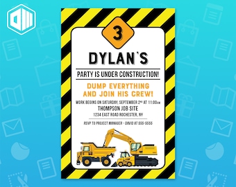 Construction Birthday Invitation | Dump Truck | Black & Yellow Stripe Invitation