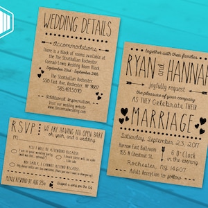 Ensemble de faire-part de mariage imprimable / Ensemble de faire-part de mariage en papier kraft brun | Inviter | Carte d'informations | Carte RSVP | Coeurs flèches thème rustique