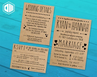 Printable Wedding Invitation Suite / Brown Craft Paper Wedding Invite Set | Invite | Details Card | RSVP Card | Hearts Arrows Rustic Theme