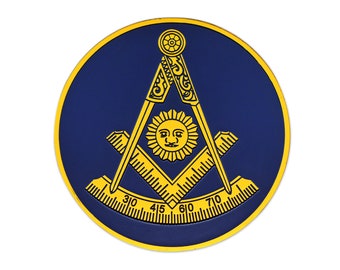 Past Master with Square & Protractor Round Masonic Auto Emblem - [Blue and Gold][3" Diameter] - TME-EMB-00025