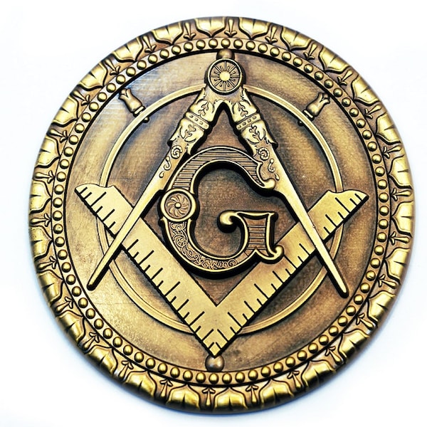 Square & Compass Round Masonic Auto Emblem - [Antique Brass][3" Diameter] - TME-EMB-00094