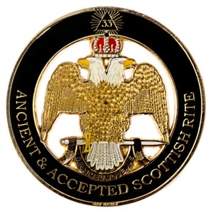 33rd Degree Double Headed Eagle Ancient & Accepted Scottish Rite (Wings Down) Round Masonic Auto Emblem - [Black / Gold][3'' Diameter]