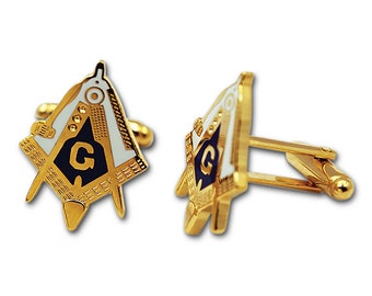 Working Tools Square & Compass Masonic Cuff Link Pair - [Blue and White Finish][1" Tall] - TME-JWL-F-00012