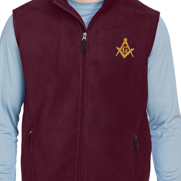 Gold Square & Compass Embroidered Masonic Men's Fleece Full-Zip Vest - TME-APP-EFV-00001