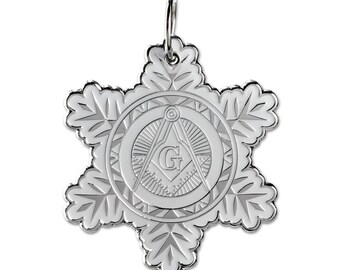 Snowflake Square & Compass Masonic Ornament - [White and Silver][2 1/2" Tall] - TME-GIF-H-00007