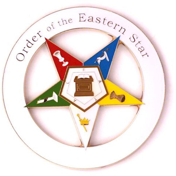 Order of the Eastern Star Round Masonic Auto Emblem - [White & Gold][3" Diameter] - TME-EMB-00110