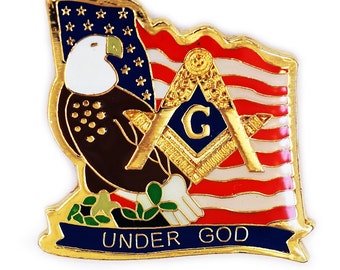 Under God Square & Compass American Flag Eagle Masonic Lapel Pin - [Gold and Red][1 1/8" Tall] - TME-JWL-L-00032
