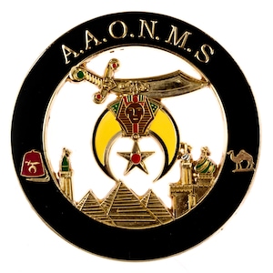 Shriner AAONMS Round Masonic Auto Emblem - [Black & Gold][3'' Diameter]