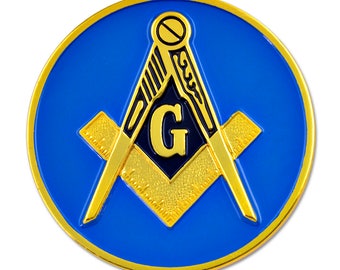 Square & Compass Round Masonic Auto Emblem - [Blue and Gold][3" Diameter] - TME-EMB-00003