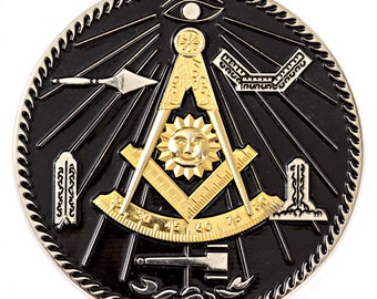 Past Master with Square & Quadrant and Working Tools Masonic Auto Emblem - [Black/Gold][3 3/8'' Diameter] - TME-EMB-00164